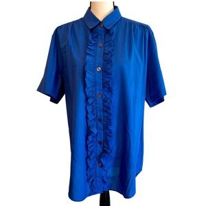 Roaman's Blouse Women's XL Blue Ruffle Front Short Sleeve Button Up Professional